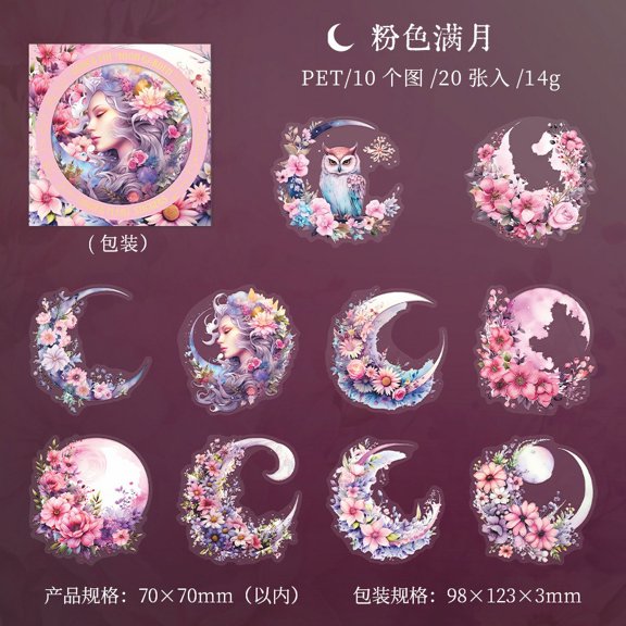 Moonlit Garden Series PET Sticker Pack - Moon and Botanical Themed Journaling Material, 20 Pieces in 6 Designs