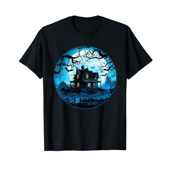 Moonlit Halloween Haunted House in the Woods Short Sleeve T-Shirt Black Tee Gift