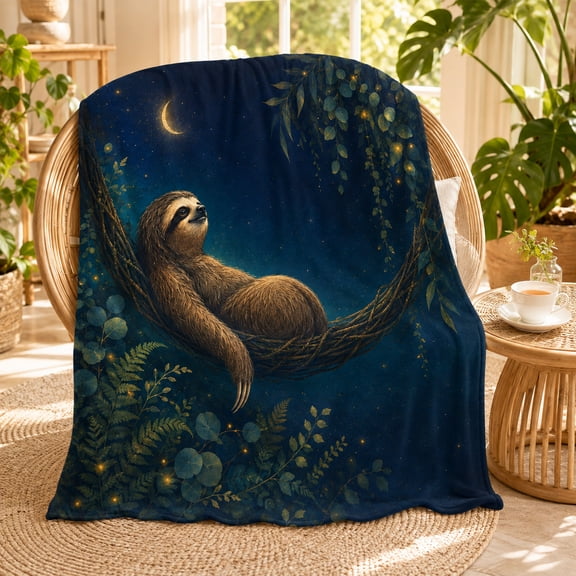 Moonlit Hammock Sloth Blanket, Navy Flannel Throw with Relaxing Sloth, Crescent Moon and Glowing Leaves for Couch, Bed, Reading, Travel and Gifting, 30 x 40 in