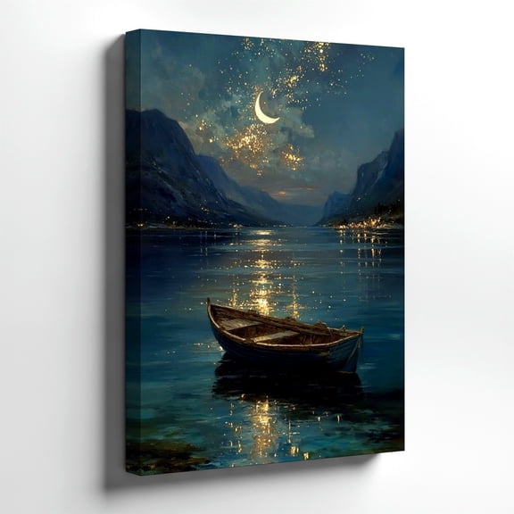Moonlit Harbor Boats Coastal Waterfront Night Wall Art Print, Coastal Living Room And Gallery Wall Decor