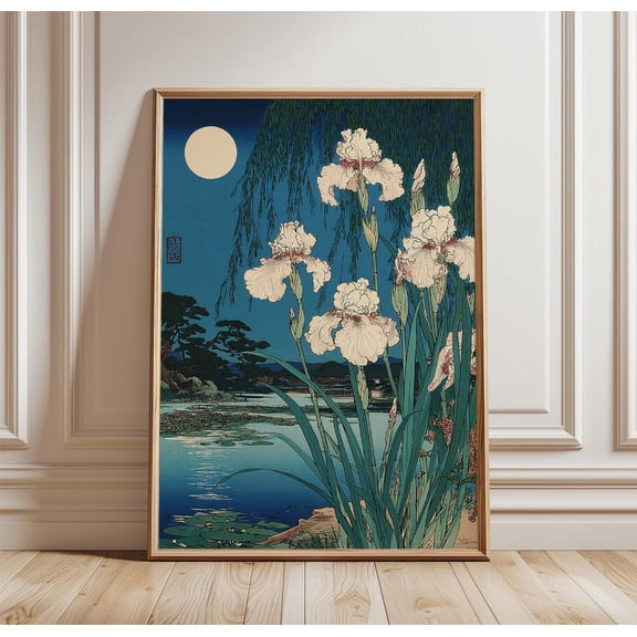 Moonlit Iris Flower Wall Art Poster Japanese Landscape Print With Lake And Full Moon Tradi