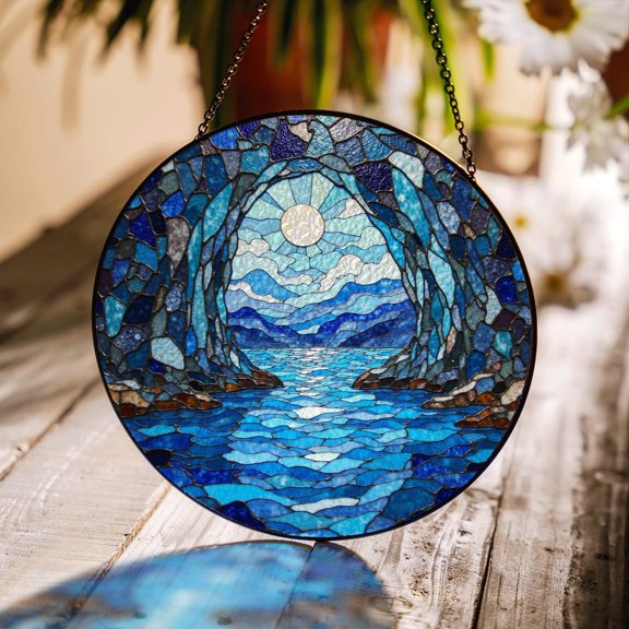 Moonlit Lake Forest Scene Glass Round Window Hanging, 3.5 in