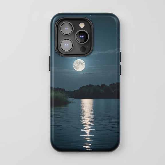 Moonlit Lake Landscape For All iPhone Series Tough Phone Case Nature Dark Blue