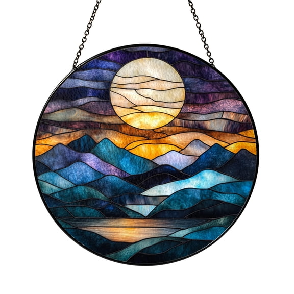Moonlit Lake Stained Glass Suncatcher, Night Landscape Window Hanging Decor Featuring Full Moon, Water Reflection and Calm Shoreline