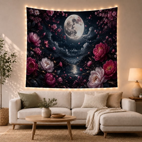 Moonlit Landscape with Peonies and Cherry Blossoms, Dreamy Celestial for Boho Decor Lovers, Ethereal Wall Art, Housewarming Gift Tapestry Wall Hanging for Bedroom and Living Room