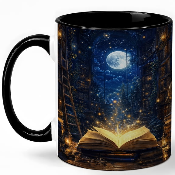 Moonlit Library Book 11oz Ceramic Mug, Fantasy Reader Coffee Cup