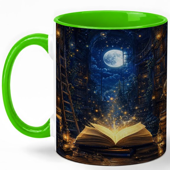 Moonlit Library Book 11oz Ceramic Mug, Fantasy Reader Coffee Cup