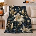 thumbnail image 1 of Moonlit Lily Garden Pattern with Ivory Flowers, Crescent Moon and Gold Leaves, Soft Flannel Blanket, Home Decor for Women, Bedroom and Living Room, Anniversary Gift, Nocturnal Botanical Art, 1 of 9