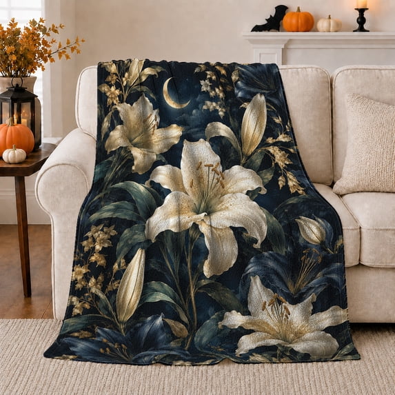 Moonlit Lily Garden Pattern with Ivory Flowers, Crescent Moon and Gold Leaves, Soft Flannel Blanket, Home Decor for Women, Bedroom and Living Room, Anniversary Gift, Nocturnal Botanical Art