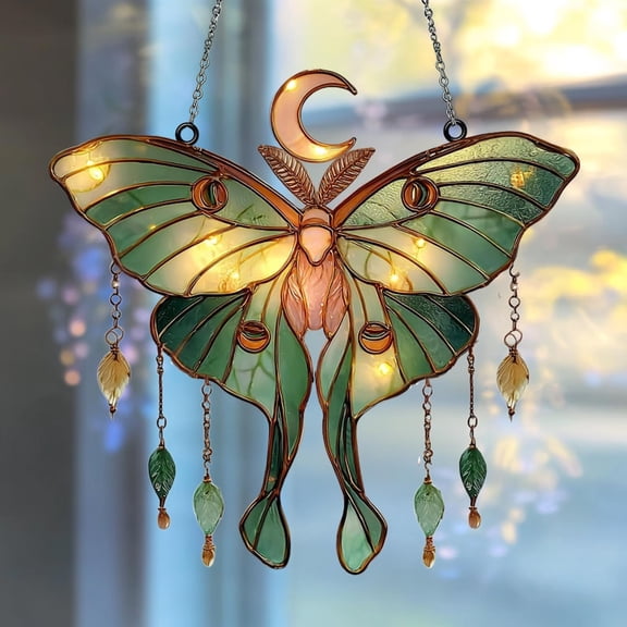 Moonlit Luna Moth Suncatcher, Stained Glass Style, Witchy Boho Decor