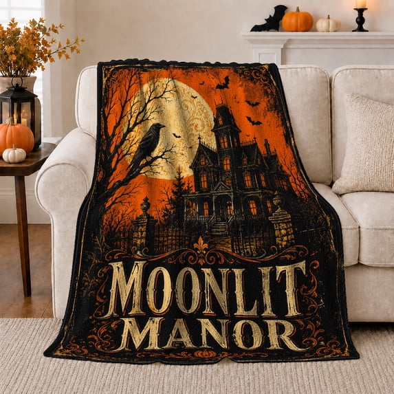 Moonlit Manor with Crow and Bats, Spooky Vintage Gothic Style for Halloween Lovers, Cozy Orange Moon Scene, Flannel Blanket for Bedroom and Family Room, Halloween Gift and Dark Home Decor