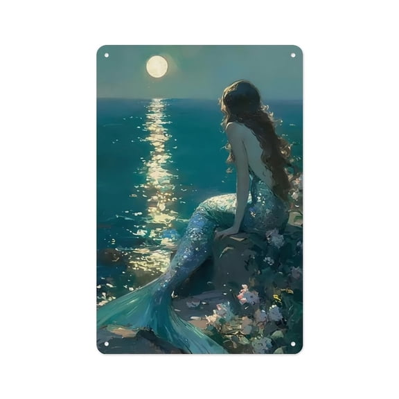 Moonlit Mermaid Aluminum Sign, Ocean Beach Wall Art, Coastal Nautical Decor