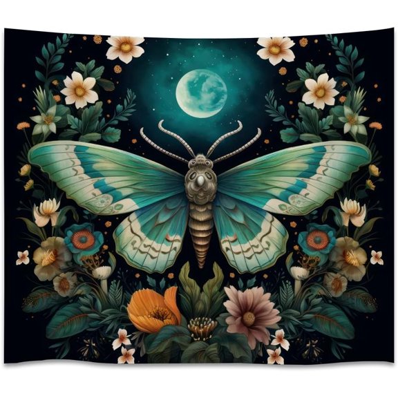 Moonlit Moth & Wildflower Tapestry Celestial Luna Moth Wall Hanging Botanical Night Garden Art Boho Mystic Decor for Bedroom Dorm 40x60inch