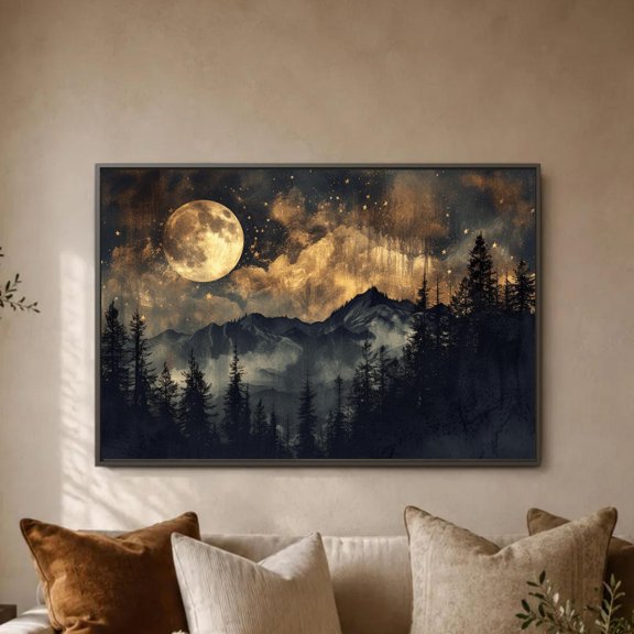 Moonlit Mountain Forest Celestial Night Sky Wall Art Poster