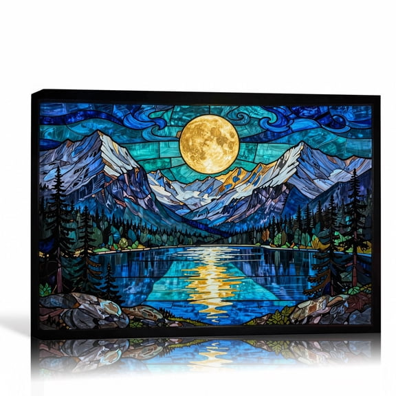 Moonlit Mountain Lake Wall Art Stained Glass Style Canvas Print Blue Gold Landscape Gallery Wrapped Canvas Cabin Decor 12"L x 8"W