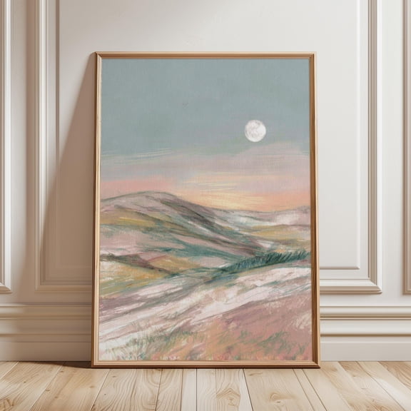 Moonlit Mountain Landscape Wall Art Poster Minimal Nature Print Neutral Pastel Decor For Living Room Bedroom, Soft Painterly Style