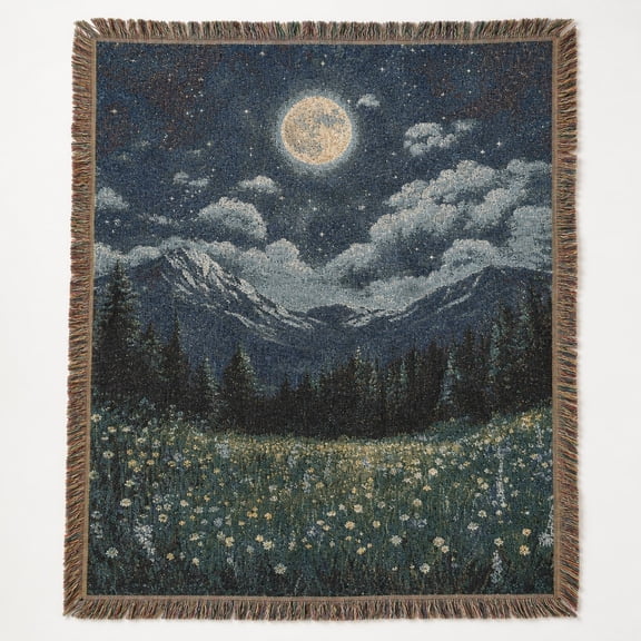Moonlit Mountain Meadow Woven Throw Blanket – 100% Cotton Jacquard, Starry Night Scene, Fringed Edges, 3 Sizes