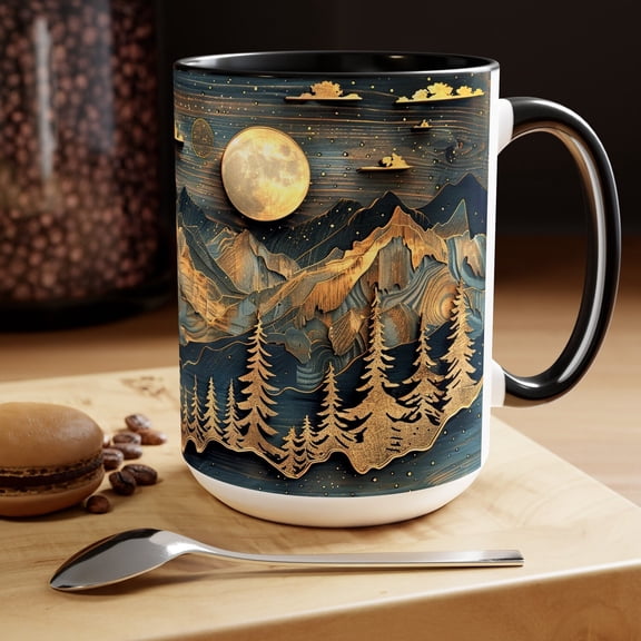 Moonlit Mountain Mug Celestial Forest Coffee Cup Gold Night Sky Landscape Ceramic