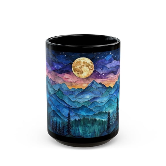 Moonlit Mountain Mug Stained Glass Night Sky Coffee Cup Full Moon Landscape Art