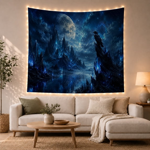 Moonlit Mountain Spires with Raven, Mysterious Fantasy Art for Nature Lovers, Cosmic Landscape Decor, Halloween Gift Tapestry Wall Hanging for Bedroom and Living Room