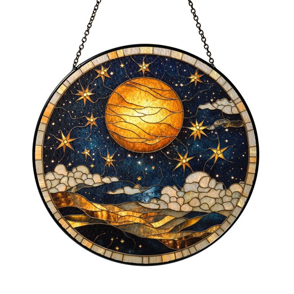Moonlit Mountain Stained Glass Suncatcher Window Hanging Decor, Celestial Moon and Stars Sun Catcher Ornament, Starry Night Sky Window Art, Nature Inspired Scenic Window Hanging, Cosmic Gift Decor