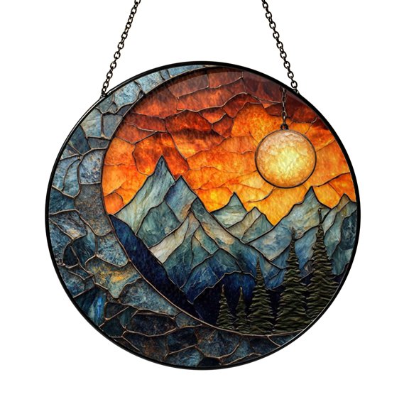 Moonlit Mountain Themed Stained Glass Style Suncatcher for Window Decor, Fantasy Nature Art, Decorative Hanging