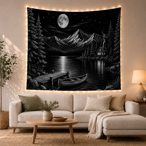 Moonlit Mountains with Lake and Cabin in Wilderness, Serene Illustration for Nature Lovers, Night Sky Wall Decor, Housewarming Gift, Tapestry Wall Hanging for Living Room and Bedroom