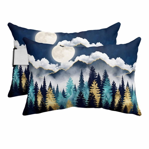 Moonlit Night Forest Mountains Outdoor Pillow for Chaise Lounge Chair,Gorgeous Style Waterproof Headrest Lumbar Pillows with Insert&Elastic Strap for Patio Pool Garden Chairs Decor,2 Pack