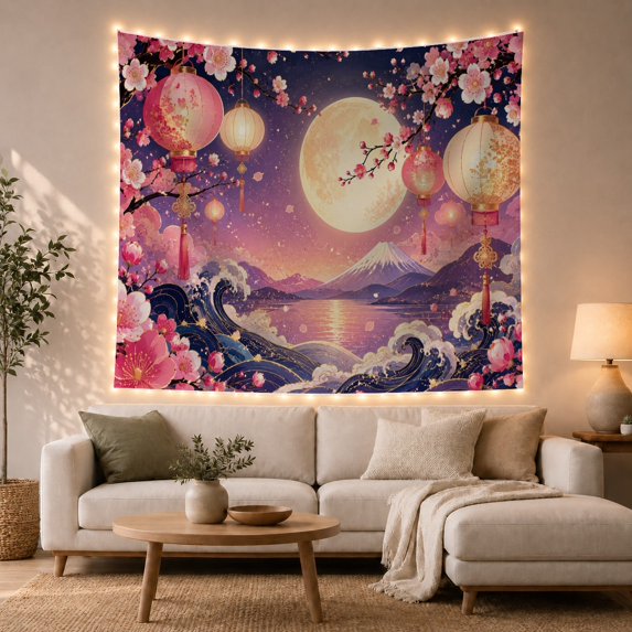 Moonlit Night With Mount Fuji And Lanterns, Serene Japanese Inspired for Nature Lovers, Cherry Blossom Wall Art, Housewarming Gift, Tapestry Wall Hanging for Bedroom and Living Room