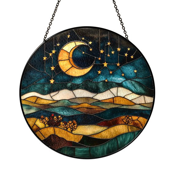 Moonlit Night Sky Stained Glass Window Decor, Celestial Nature Suncatcher For Peaceful Spaces