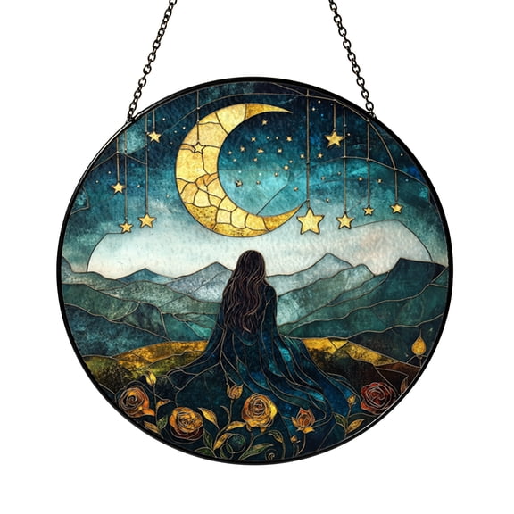 Moonlit Night Sky Stained Glass Window Decor – Nature Inspired Artwork
