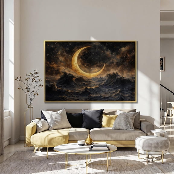 Moonlit Ocean Art: Starry Night Seascape Poster, Unframed Canvas Size 8x12
