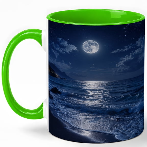 Moonlit Ocean Coffee Mug, Full Moon Night Sea Waves Design, 11 oz Ceramic Cup