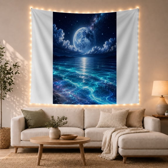 Moonlit Ocean with Glowing Turquoise Waves, Dreamy Fantasy Art for Ocean Lovers, Celestial Seascape Decor, Housewarming Gift Tapestry Wall Hanging for Bedroom and Living Room