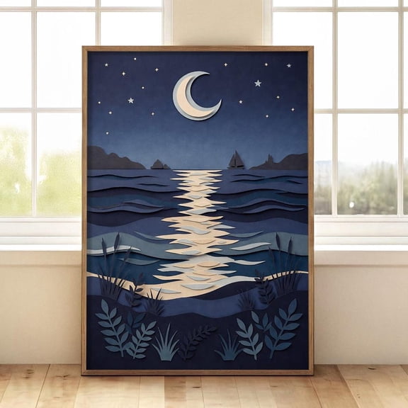 Moonlit Ocean Tranquil Night Landscape Crescent Moon Over Sea Poster Unframed Paper Print