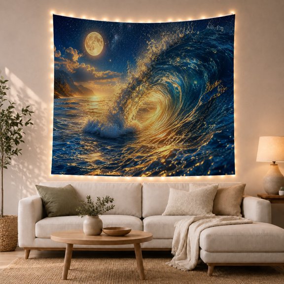 Moonlit Ocean Wave Beneath a Golden Full Moon, Dramatic Coastal for Surf Fans, Night Seascape Art, Housewarming Gift, Tapestry Wall Hanging for Bedroom and Living Room