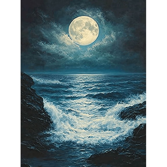 Moonlit Ocean Wave Decorative Painting/Canvas Art Perfect for Living RoomApartment Hotel Bar and Coastal Home Decor Full Moon Sea Landscape Wall Art.