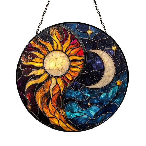 Moonlit Ocean Waves with Radiant Sun Glass Suncatcher Round Window Hanging, Mystical Cosmic Sky Home Decor Gift