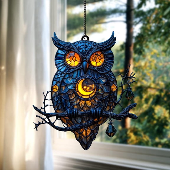 Moonlit Owl Acrylic Window Hanging  Faux Stained Glass Suncatcher With Bright Eyes, Lantern Drop, Branch Art And Gothic Boho Decor