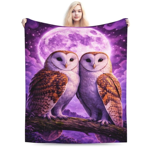 Moonlit Owl Art Blanket, Purple Celestial Night Sky Throw, Mystic Woodland Fleece Blanket for Valentine’s Day Gothic Home Decor Gift 80x60