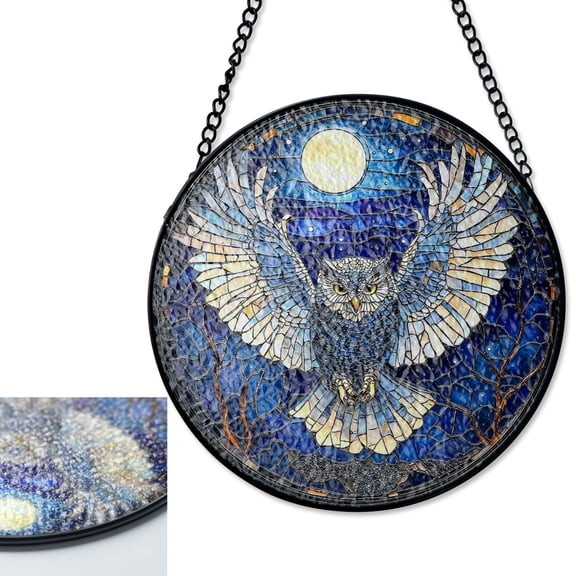 Moonlit Owl Stained Glass Suncatcher, Whimsical Night Bird Window Decor