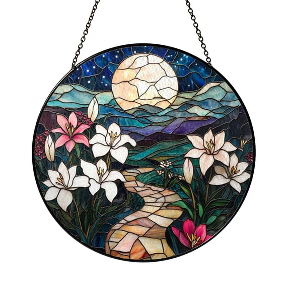 Moonlit Path Lily Garden Stained Glass Suncatcher, Night Floral Window Hanging, Elegant Nature Gift For Flower Lovers