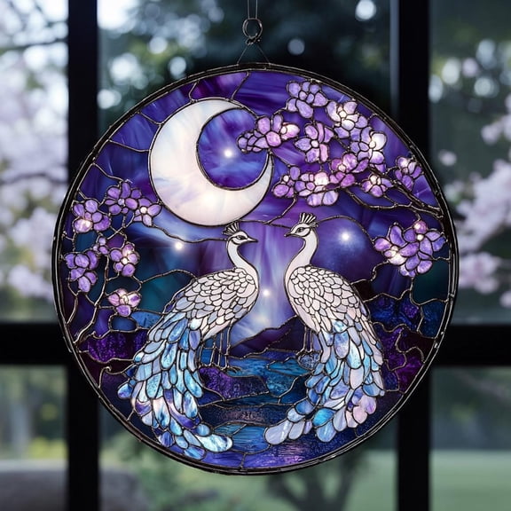 Moonlit Peacocks Acrylic Suncatcher - Faux Stained Glass Round Window Hanging - Celestial Bird Decor For Her Birthday Or Garden Gift