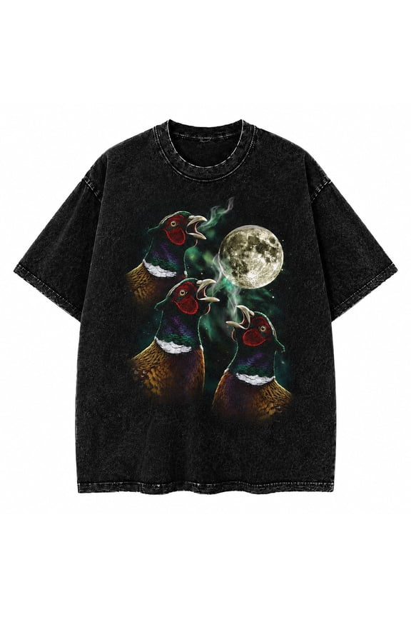 Moonlit Pheasant Graphic Washed T-Shirt, Unisex Classic Fit, Heavyweight Cotton, 180 GSM, Front Print
