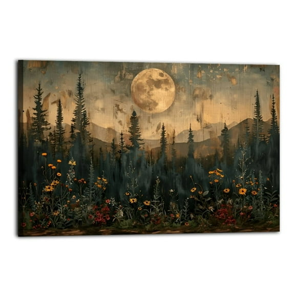 Moonlit Pine Tree Forest Poster Wrapped Wooden Frame Wall Decor,,Canvas Wall Art for Living Room,Bedroom,Office,Ready to Hang