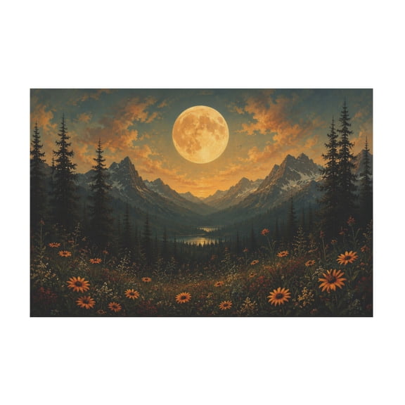 Moonlit Pine Tree Forest Vintage Full Moon Wildflower Mountain Night Canvas Wall Art For Woodland Home Decor 16x24in