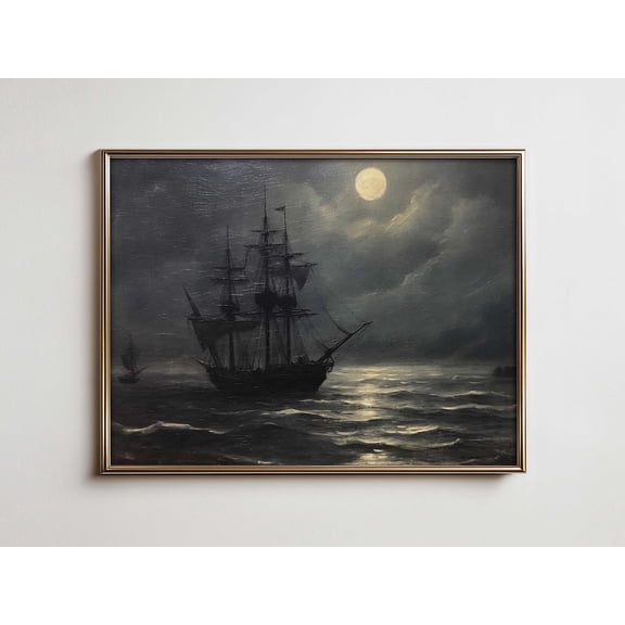 Moonlit Pirate Ship Print, Gothic Nautical Wall Art Home Decor #2831, 24x36 UNFRAMED