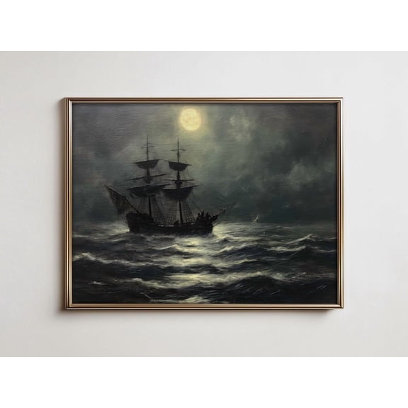 Moonlit Pirate Ship Print, Gothic Nautical Wall Art Unframed Paper Print