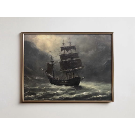 Moonlit Pirate Ship Print, Gothic Nautical Wall Art Unframed Paper Print