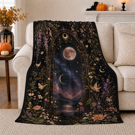 Moonlit Portal with Floral Arch and Stars, Mystical Celestial Style for Moon Lovers, Galaxy Garden Scene and Birthday Gift, Soft Flannel Blanket for Bedroom, Home Decor